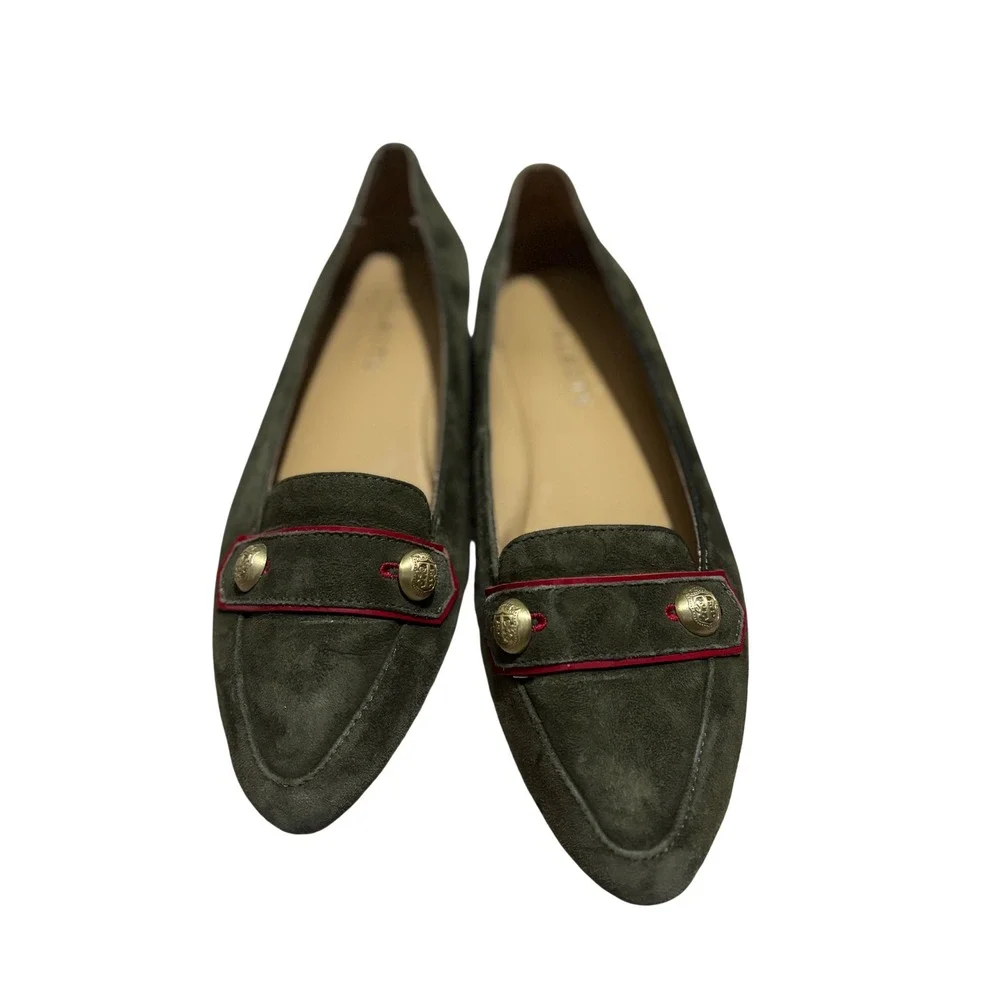 Talbots Womens Olive Green Suede Loafers Gold Crest Button Flats Red TrimSize 6M